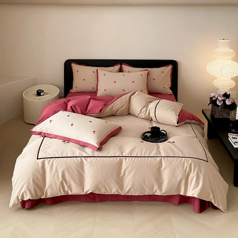 Bedding Set Cotton Satin Reversible Delicate Embroidery & Piping