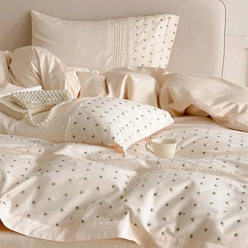 Bedding Set Cotton Satin Rosebud Embroidery