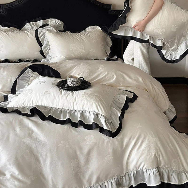 Bedding Set Cotton Satin Ruffle & Contrast Edge