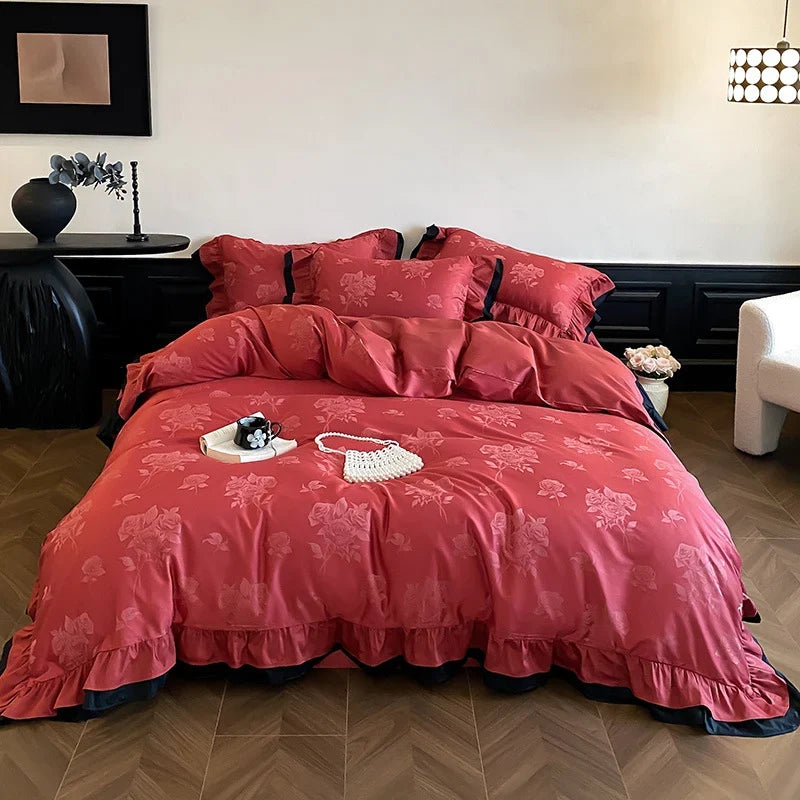 Bedding Set Cotton Satin Ruffle & Contrast Edge