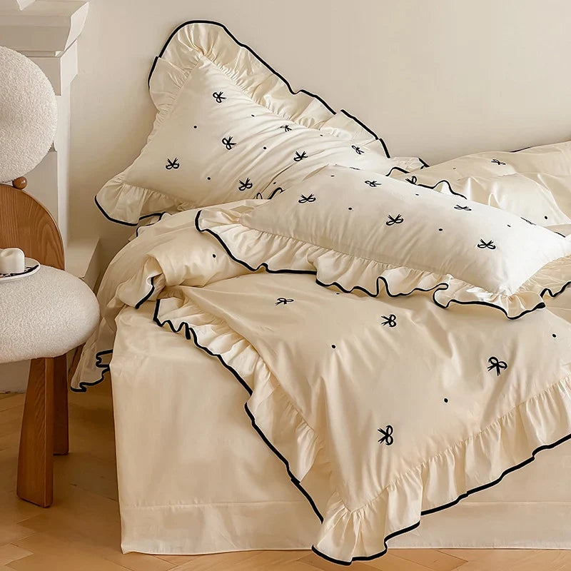 Bedding Set Cotton Satin Temperature-Regulating Ruffled & Embroidered