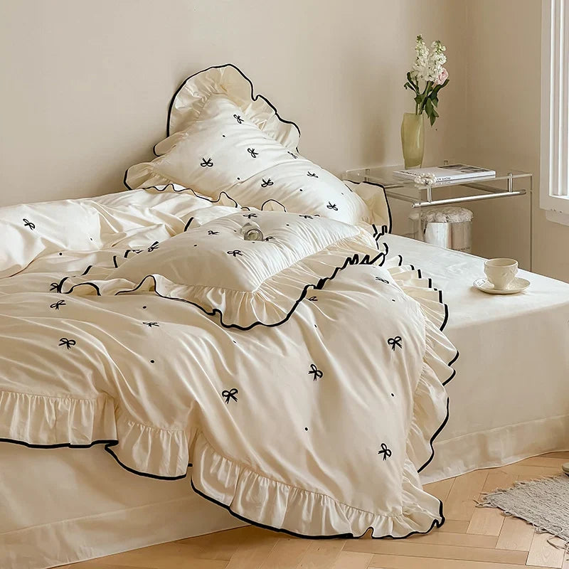 Bedding Set Cotton Satin Temperature-Regulating Ruffled & Embroidered