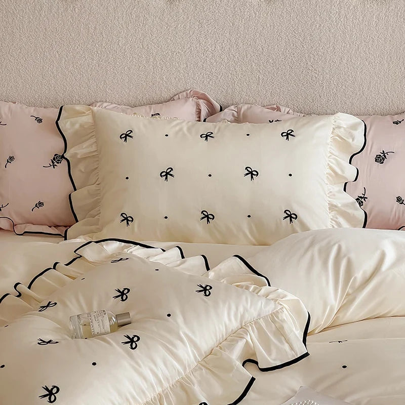 Bedding Set Cotton Satin Temperature-Regulating Ruffled & Embroidered