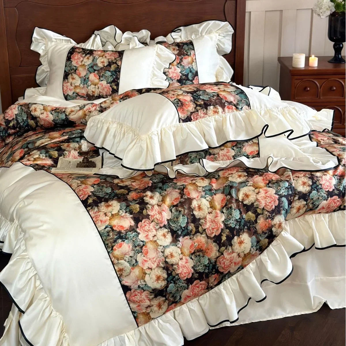 Bedding Set Cotton Satin Vintage Floral Ruffles & Black Piping