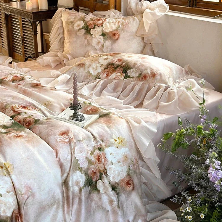 Bedding Set Cotton Satin Watercolor Floral Ruffles