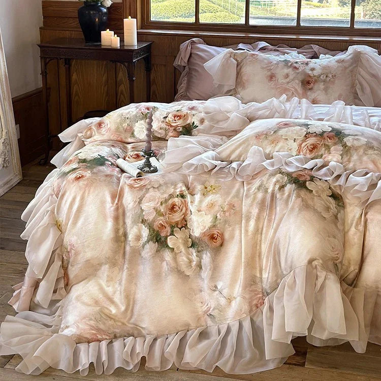 Bedding Set Cotton Satin Watercolor Floral Ruffles