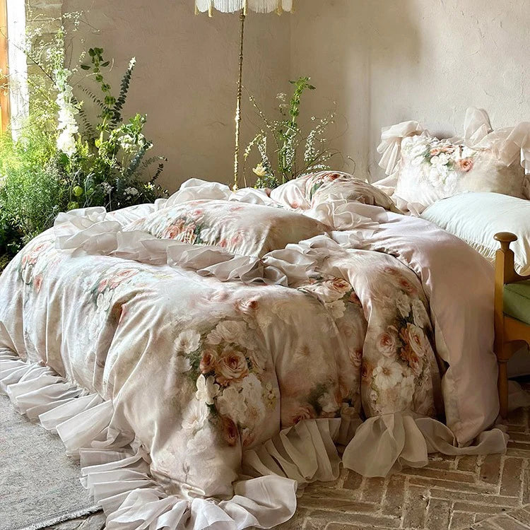 Bedding Set Cotton Satin Watercolor Floral Ruffles