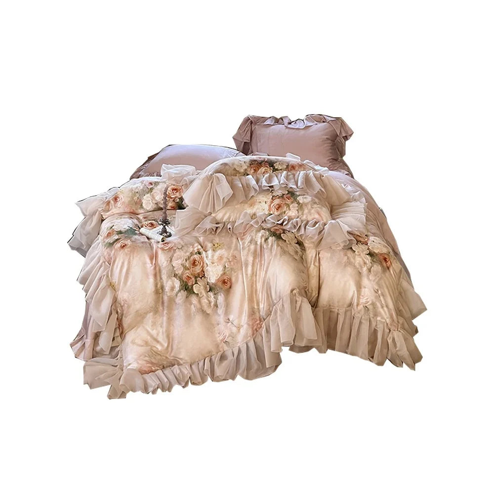 Bedding Set Cotton Satin Watercolor Floral Ruffles
