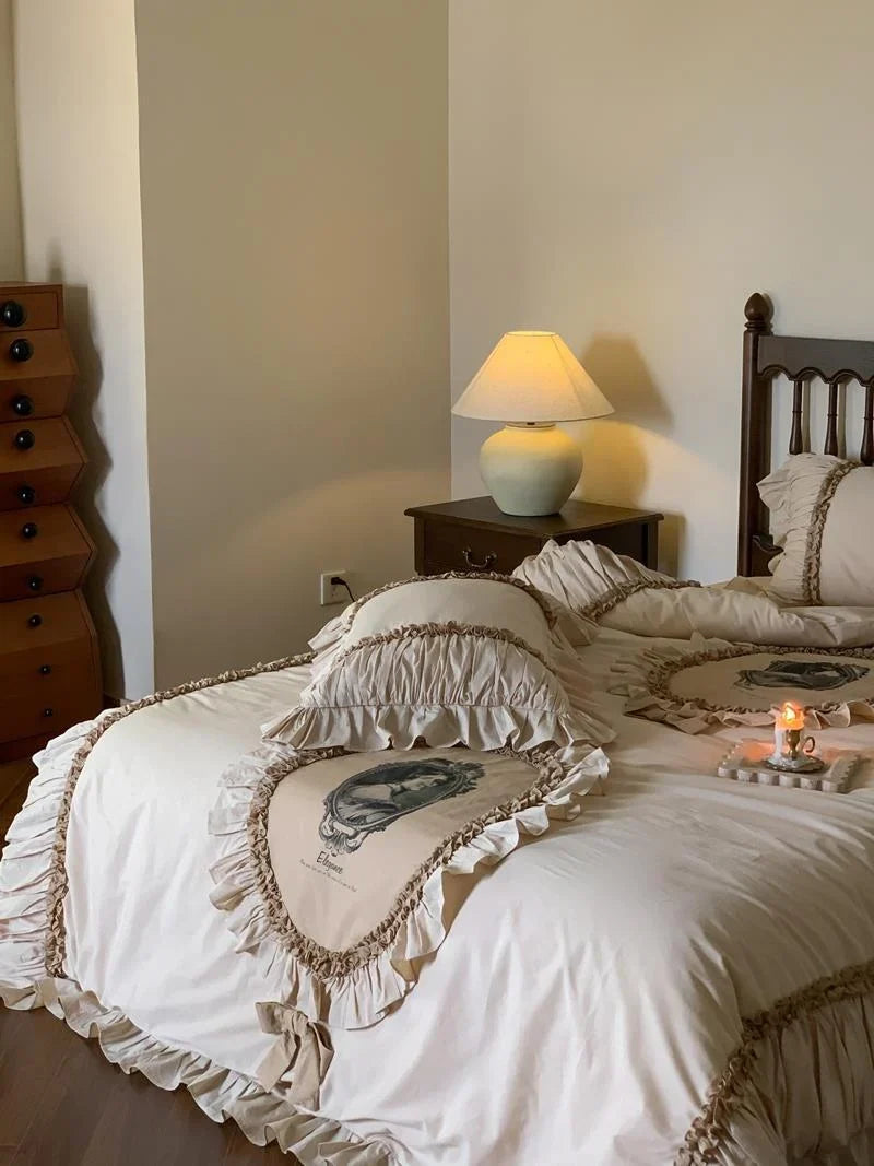 Bedding Set Cotton Vintage Frame Ruffle Set Of 5