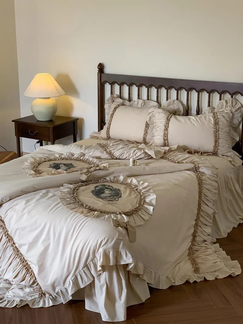 Bedding Set Cotton Vintage Frame Ruffle Set Of 5
