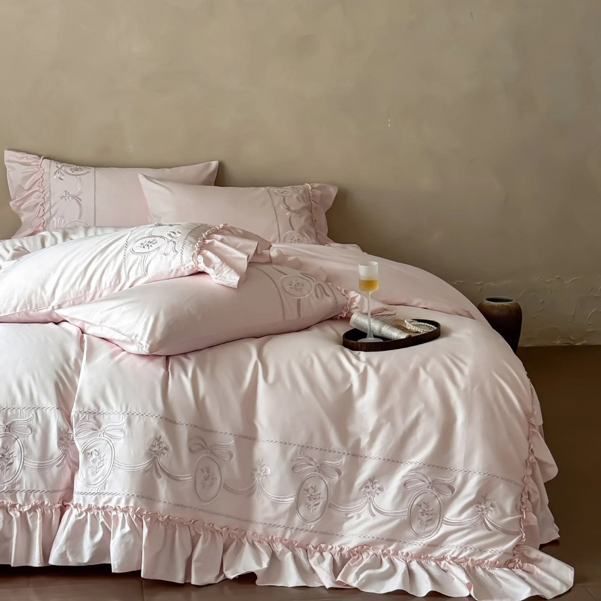 Bedding Set Embroidered 100% Cotton Ruffle Duvet & Pillowcases