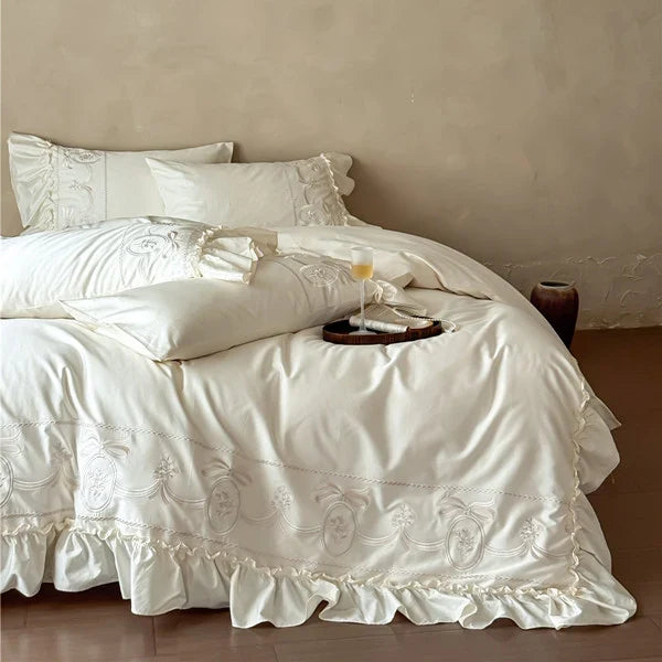 Bedding Set Embroidered 100% Cotton Ruffle Duvet & Pillowcases