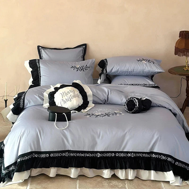 Bedding Set Embroidered Cotton Satin Machine Washable & Concealed Zipper