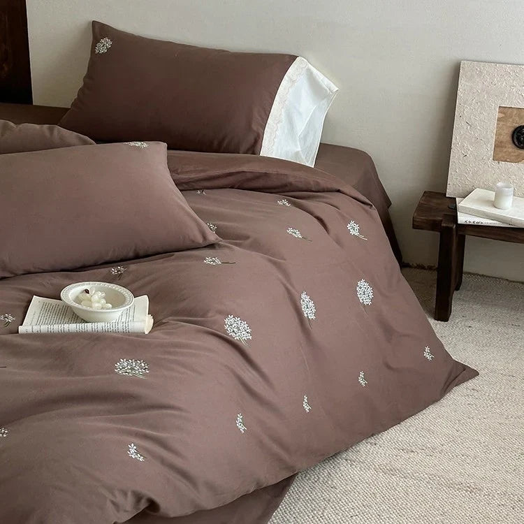 Bedding Set Embroidered Floral Cotton Satin Machine Washable