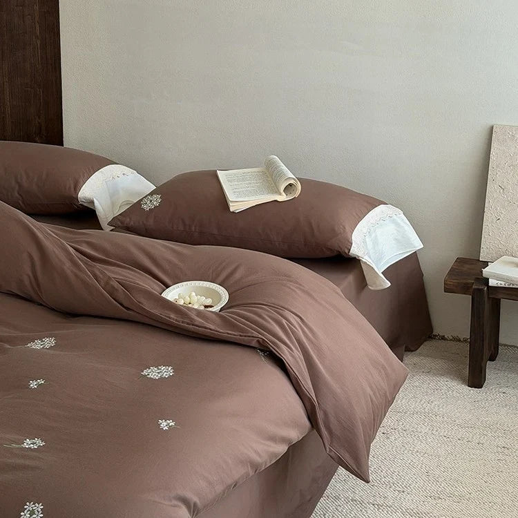 Bedding Set Embroidered Floral Cotton Satin Machine Washable