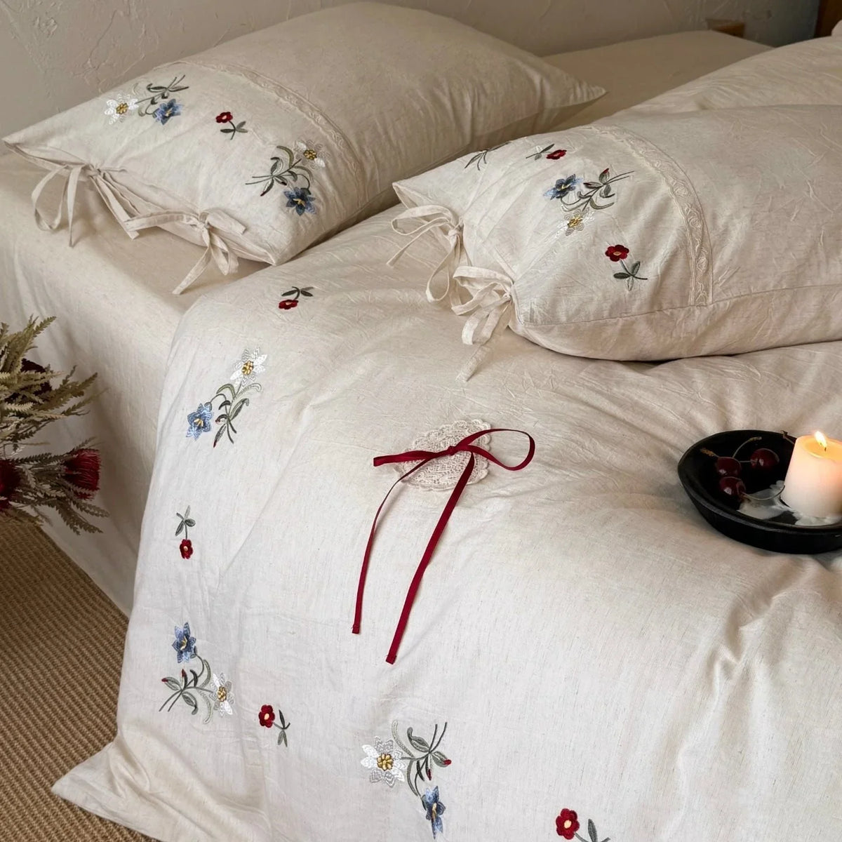 Bedding Set Embroidered Floral Linen-Look Cotton Blend