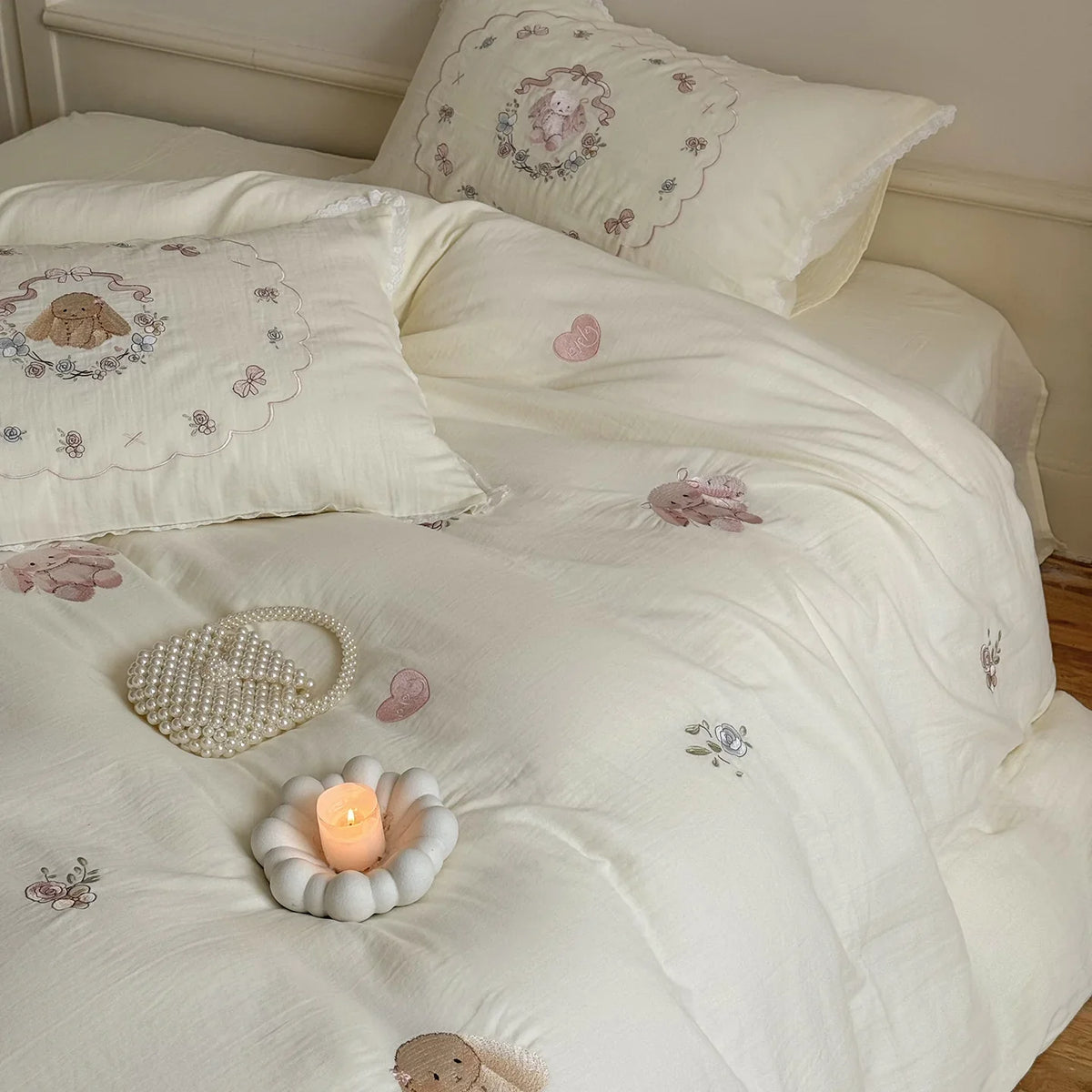 Bedding Set Embroidered Rose 100% Cotton 4 Piece