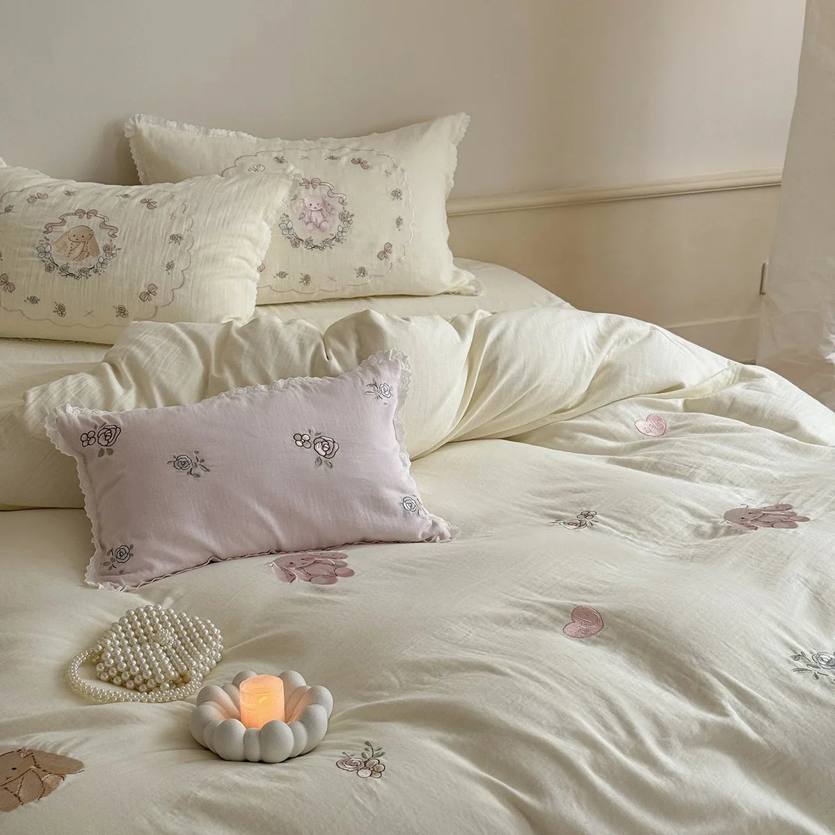 Bedding Set Embroidered Rose 100% Cotton 4 Piece