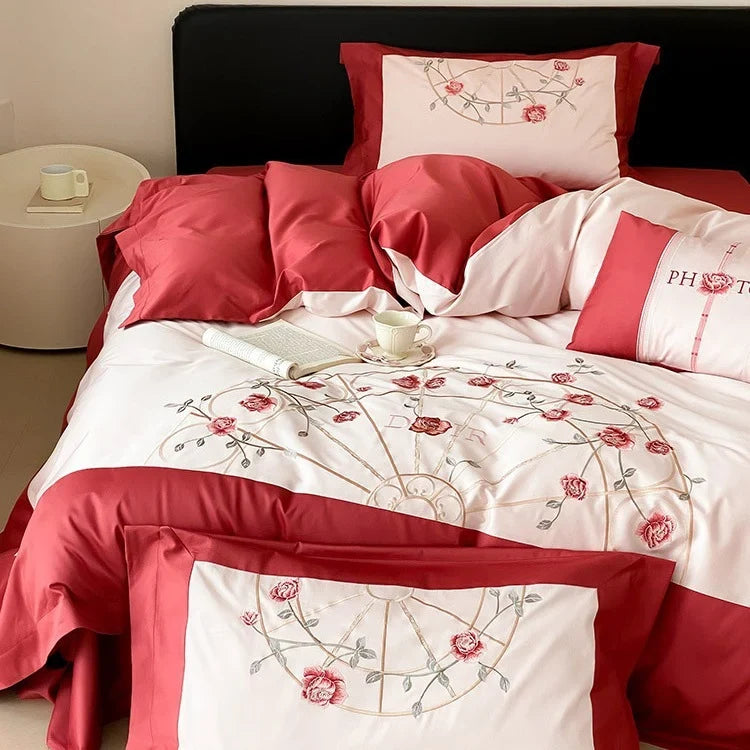 Bedding Set Embroidered Rose Cotton Satin Machine Washable