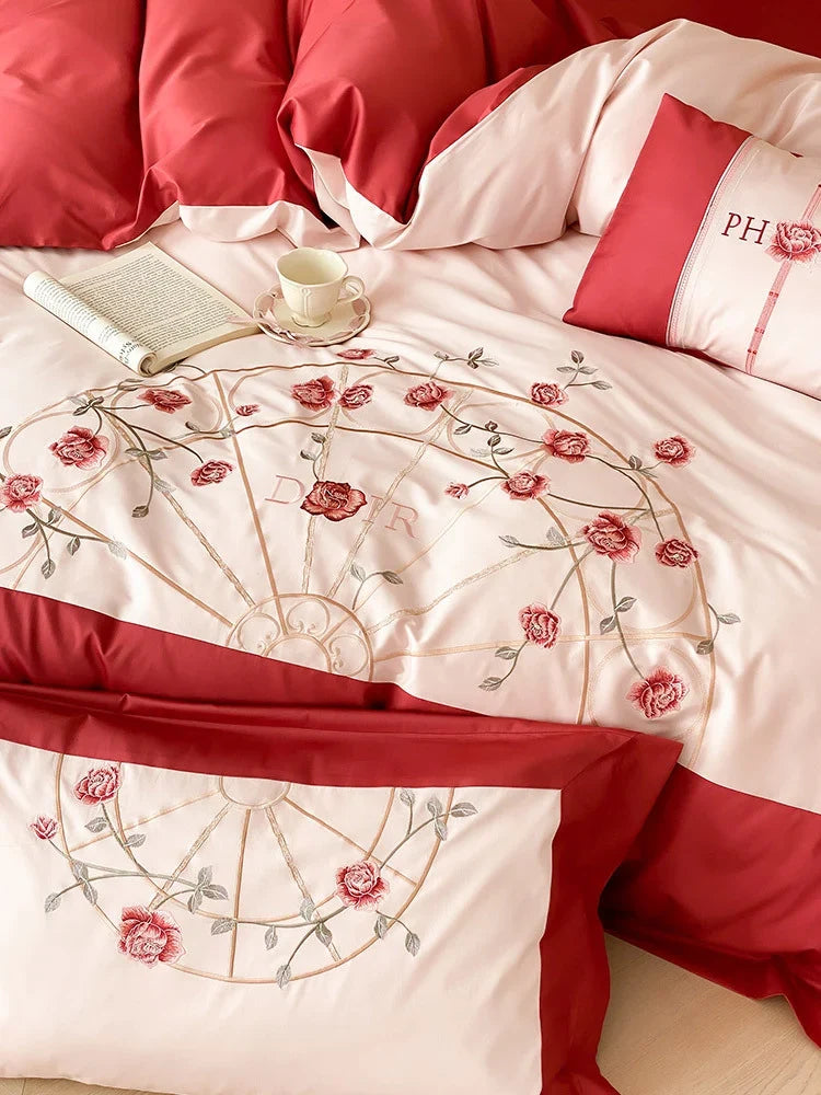 Bedding Set Embroidered Rose Cotton Satin Machine Washable