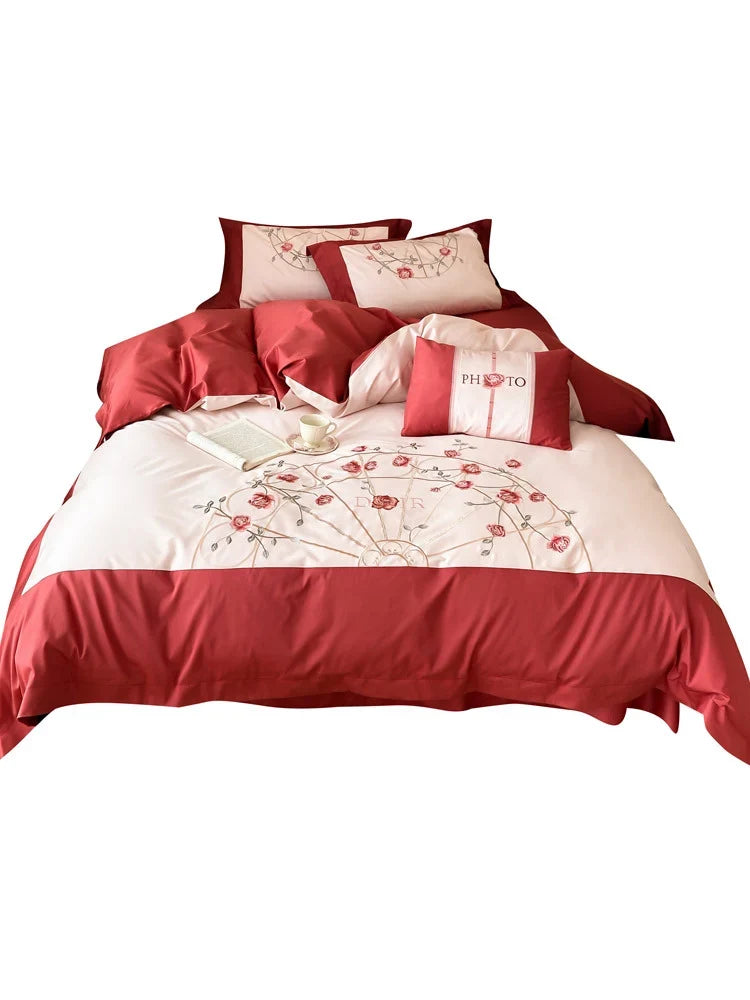 Bedding Set Embroidered Rose Cotton Satin Machine Washable