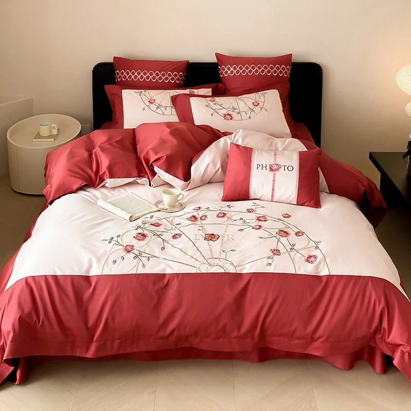 Bedding Set Embroidered Rose Cotton Satin Machine Washable