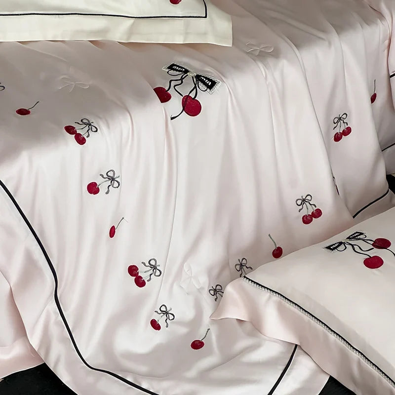 Bedding Set Fine Cotton Satin Breathable Cherry Embroidery