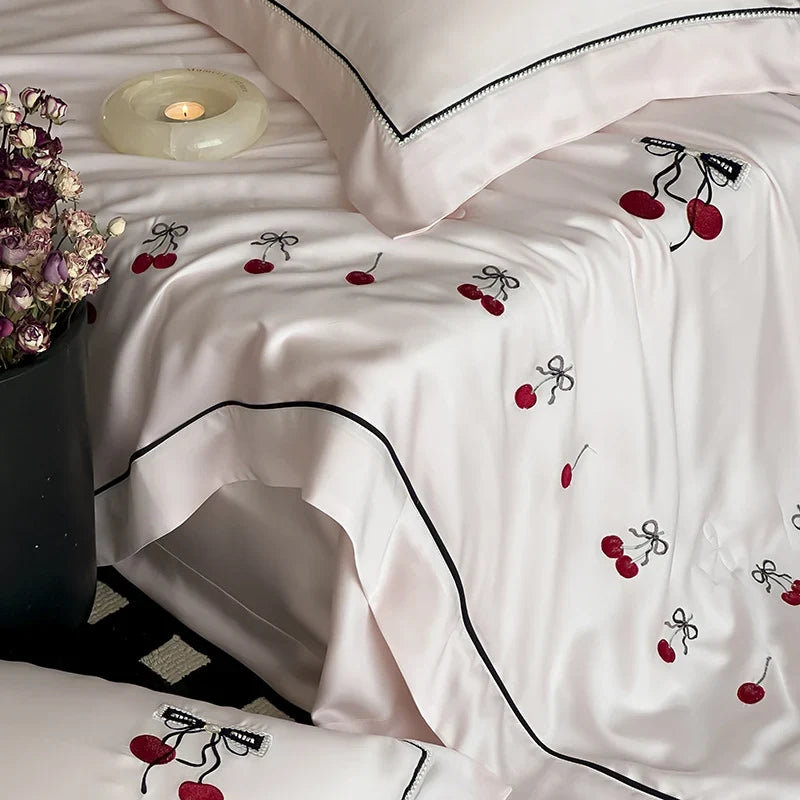 Bedding Set Fine Cotton Satin Breathable Cherry Embroidery