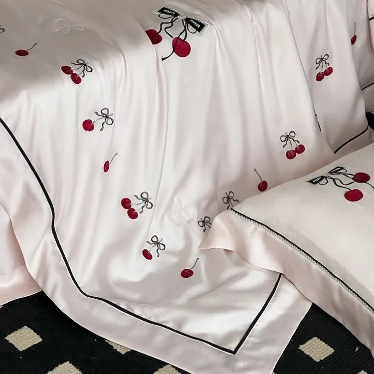 Bedding Set Fine Cotton Satin Breathable Cherry Embroidery