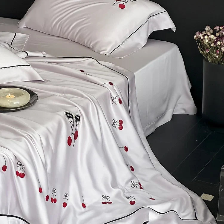 Bedding Set Fine Cotton Satin Breathable Cherry Embroidery