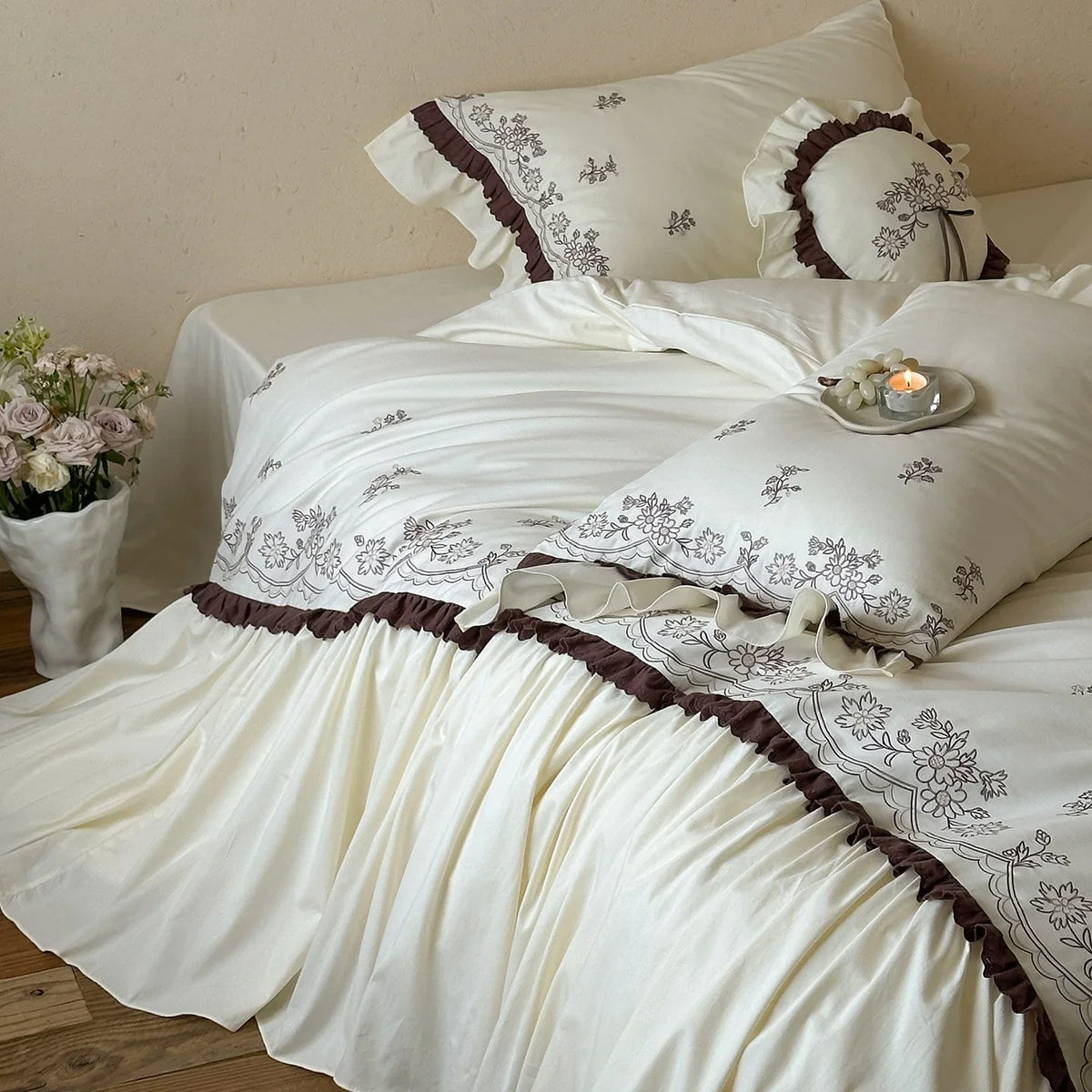 Bedding Set Floral Embroidered Topper & Ruffled Bed Skirt