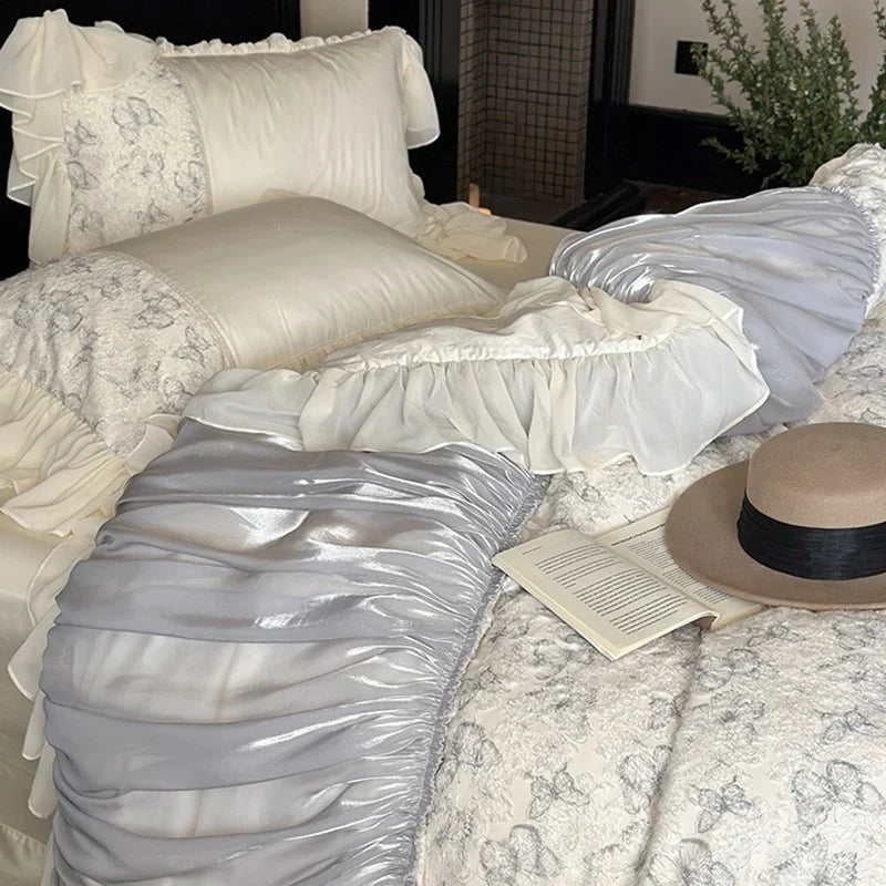 Bedding Set Floral Jacquard & Gathered Satin