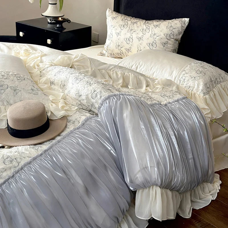 Bedding Set Floral Jacquard & Gathered Satin