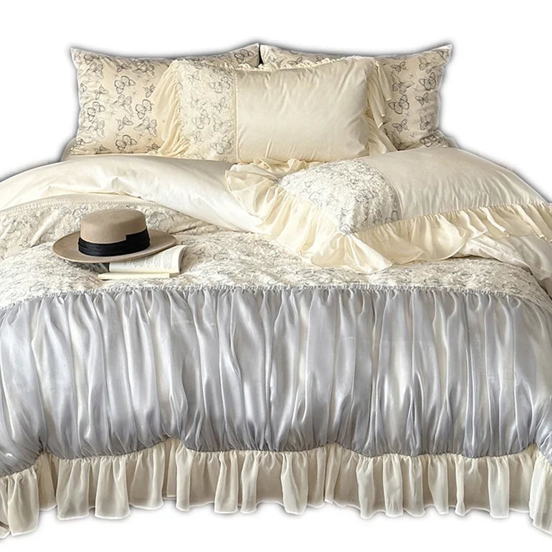 Bedding Set Floral Jacquard & Gathered Satin