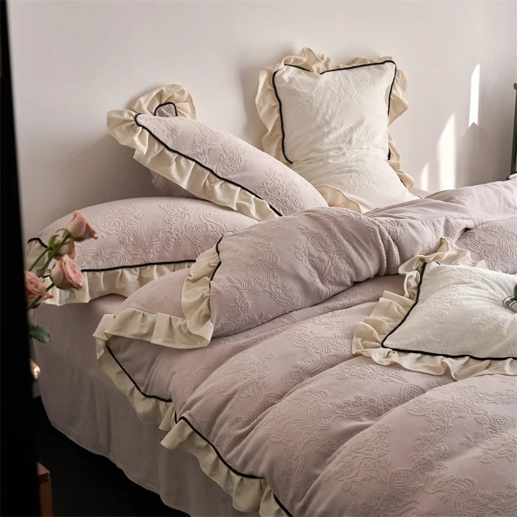 Bedding Set Floral Jacquard & Ruffle Trim Easy Care