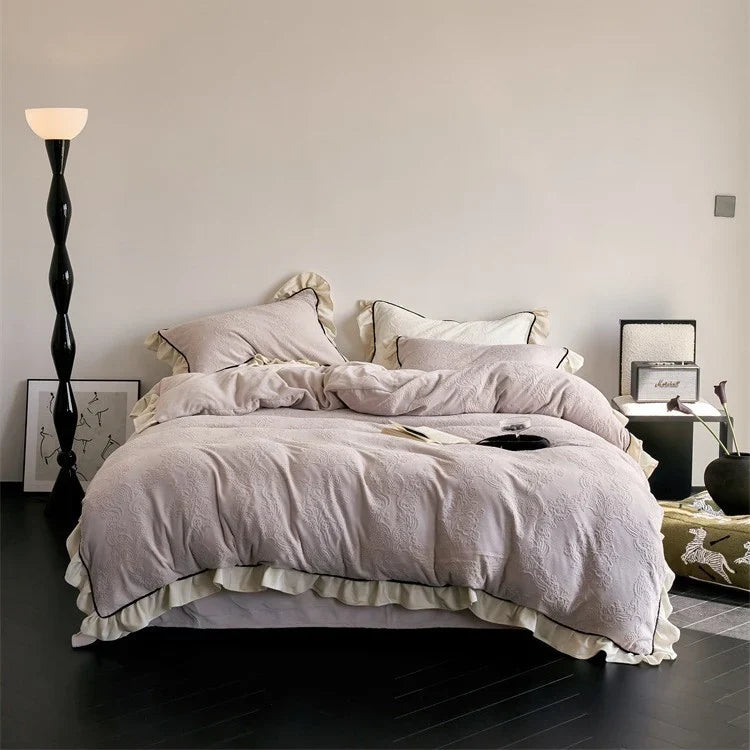 Bedding Set Floral Jacquard & Ruffle Trim Easy Care