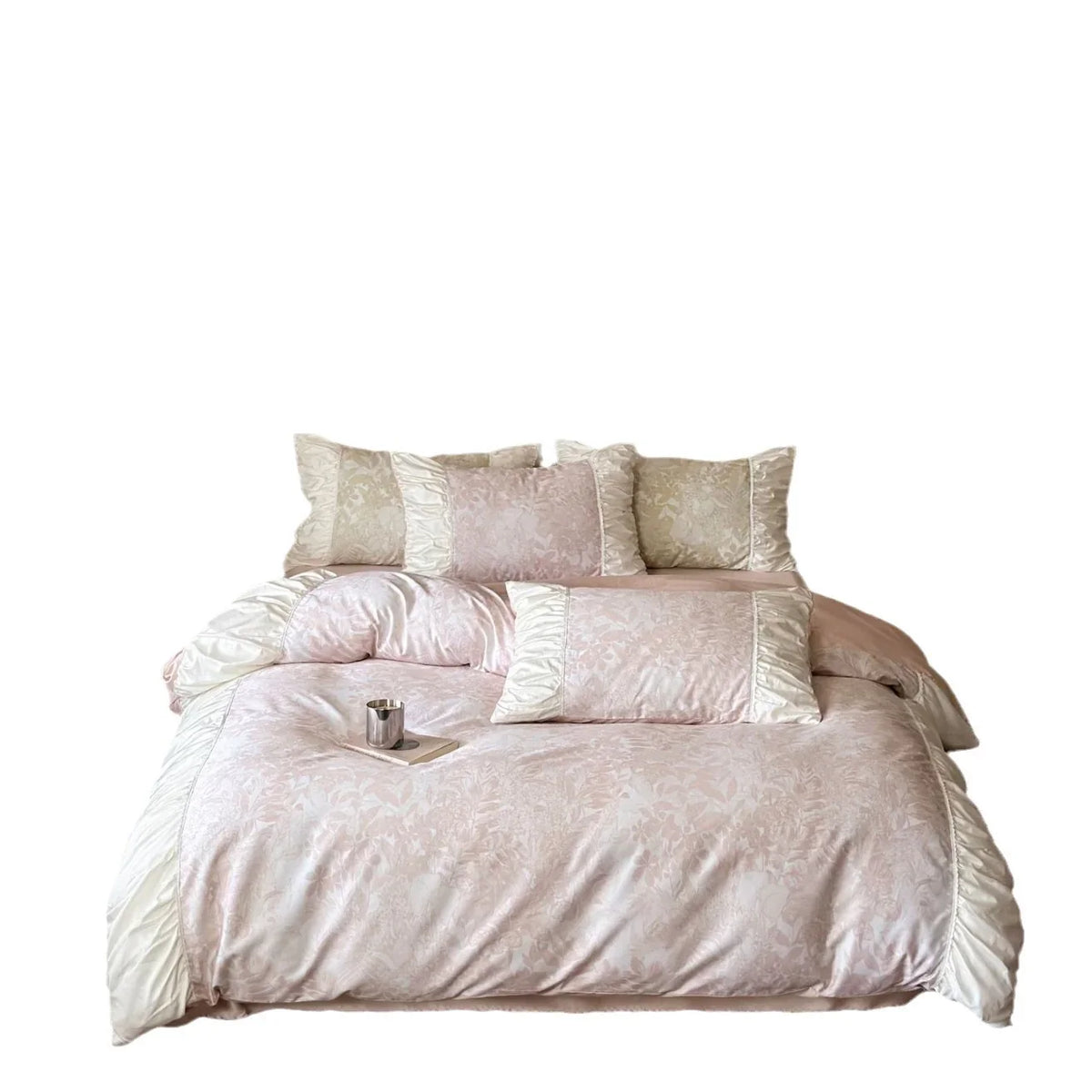 Bedding Set Floral Jacquard Satin Ruffled Edges