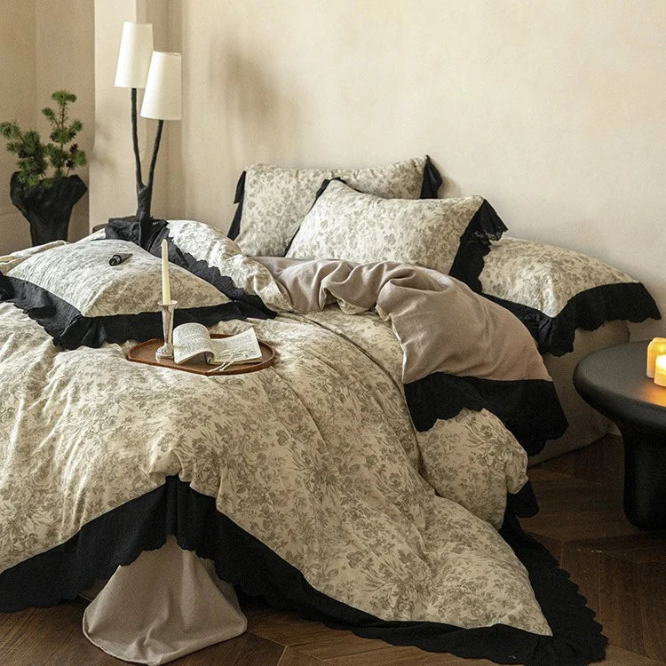 Bedding Set Floral Toile Lace Trim Breathable Cotton Blend