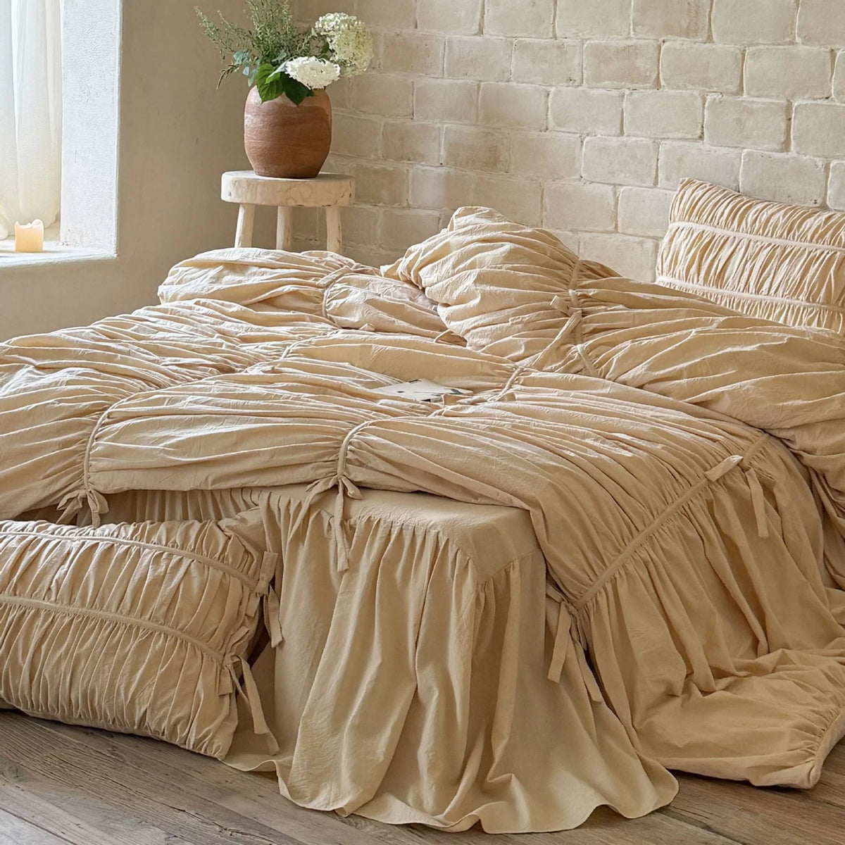 Bedding Set Gathered Ruffle Cotton Blend Decorative Ties