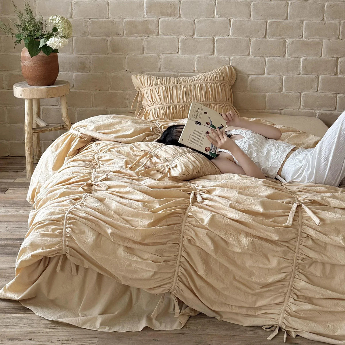 Bedding Set Gathered Ruffle Cotton Blend Decorative Ties