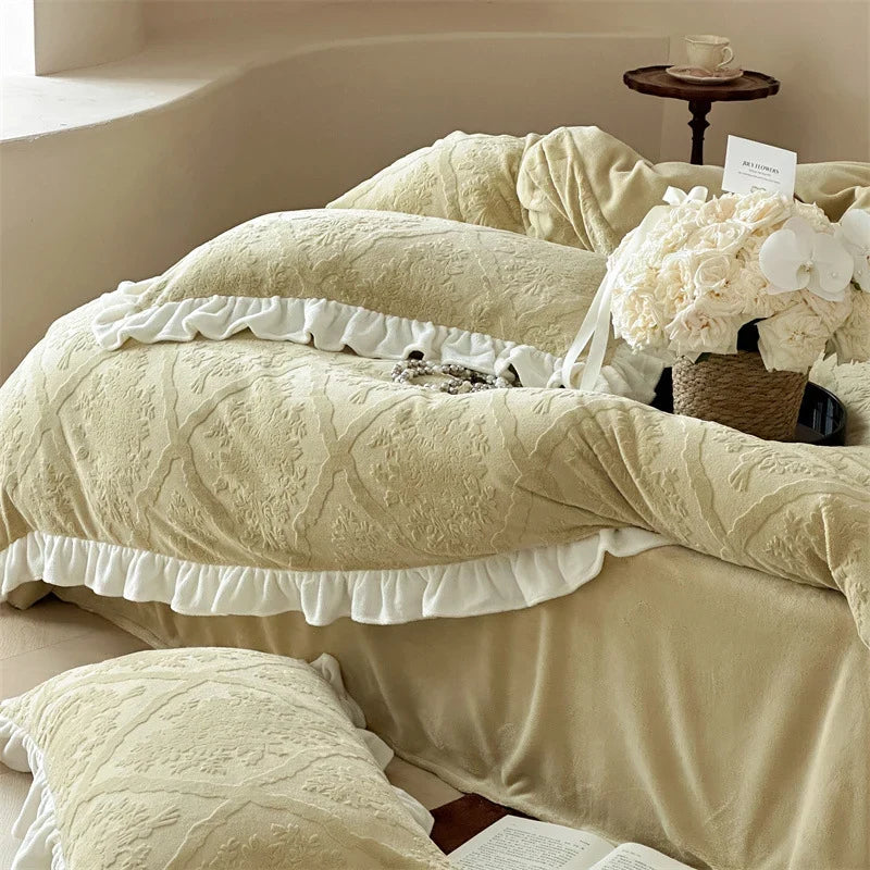 Bedding Set Jacquard Damask Ruffle Trim 4-Piece