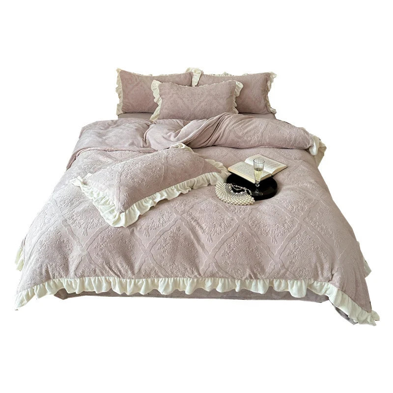 Bedding Set Jacquard Damask Ruffle Trim 4-Piece