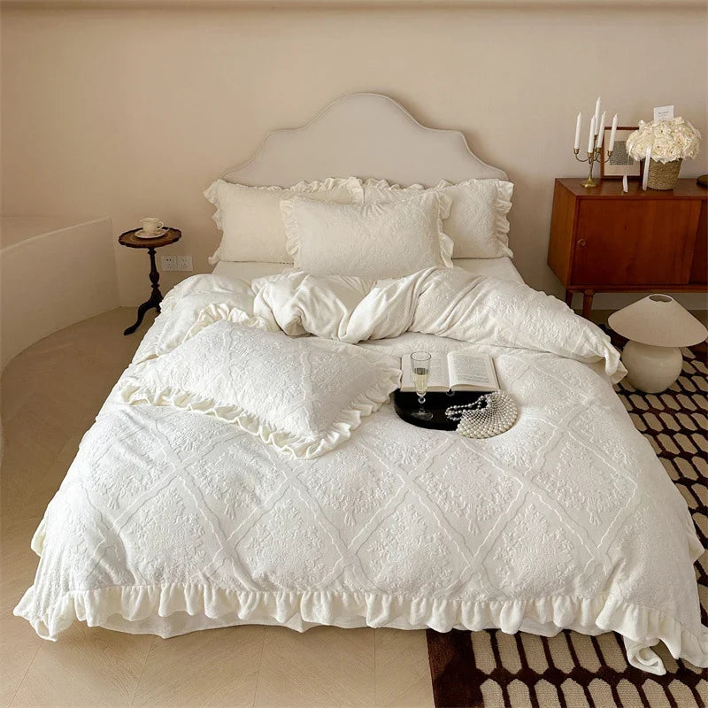 Bedding Set Jacquard Damask Ruffle Trim 4-Piece