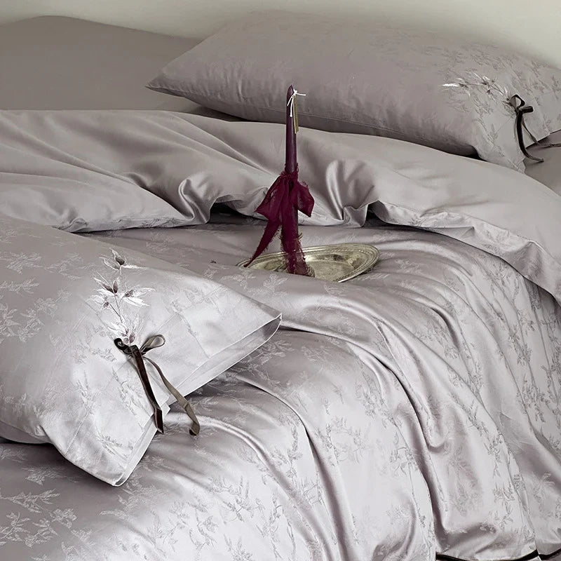 Bedding Set Jacquard Satin Floral Applique & Bow