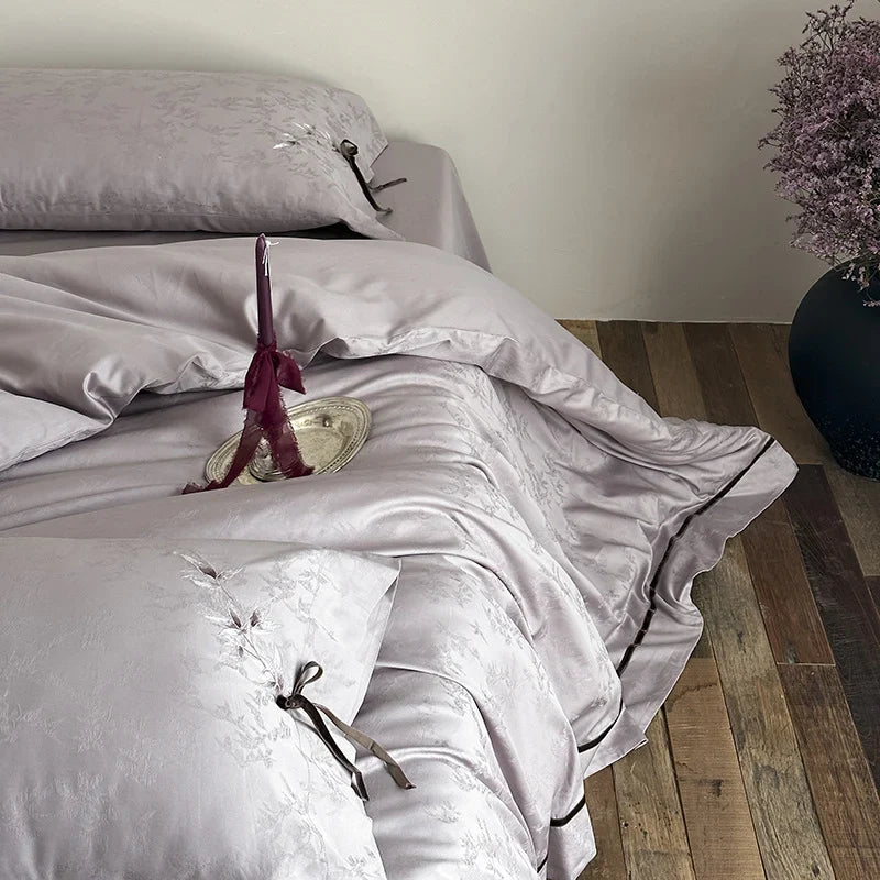 Bedding Set Jacquard Satin Floral Applique & Bow