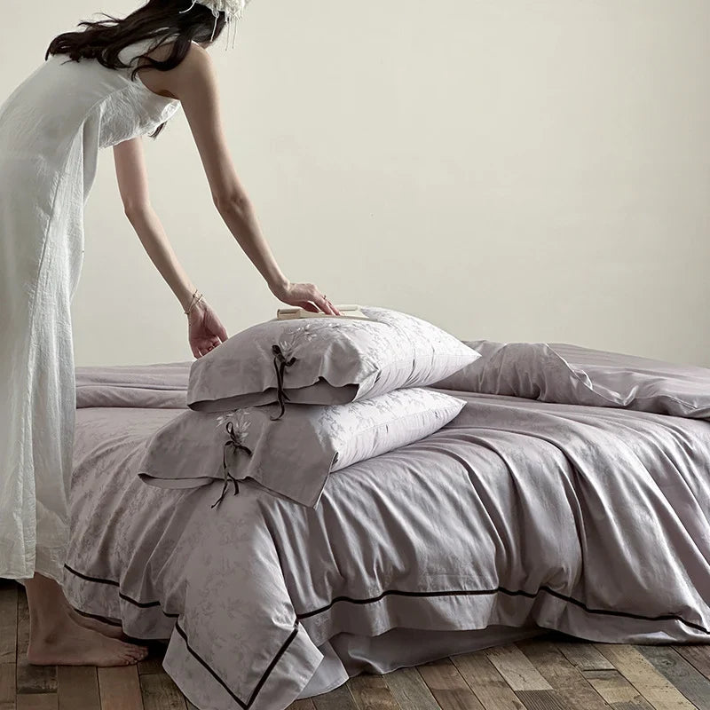 Bedding Set Jacquard Satin Floral Applique & Bow