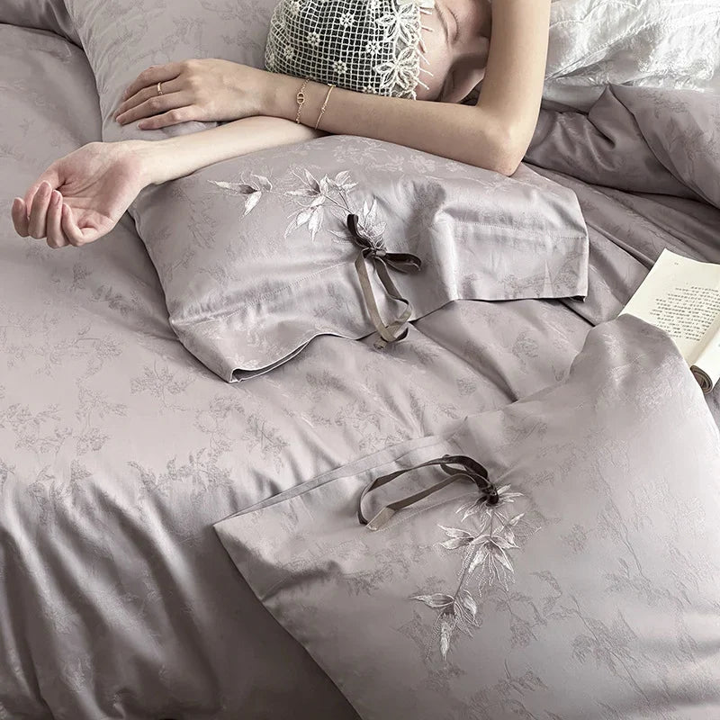 Bedding Set Jacquard Satin Floral Applique & Bow