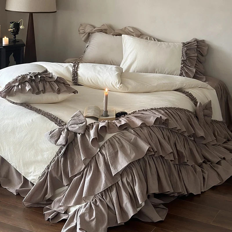 Bedding Set Layered Ruffle & Linen-Look 4-Piece With Bed Skirt