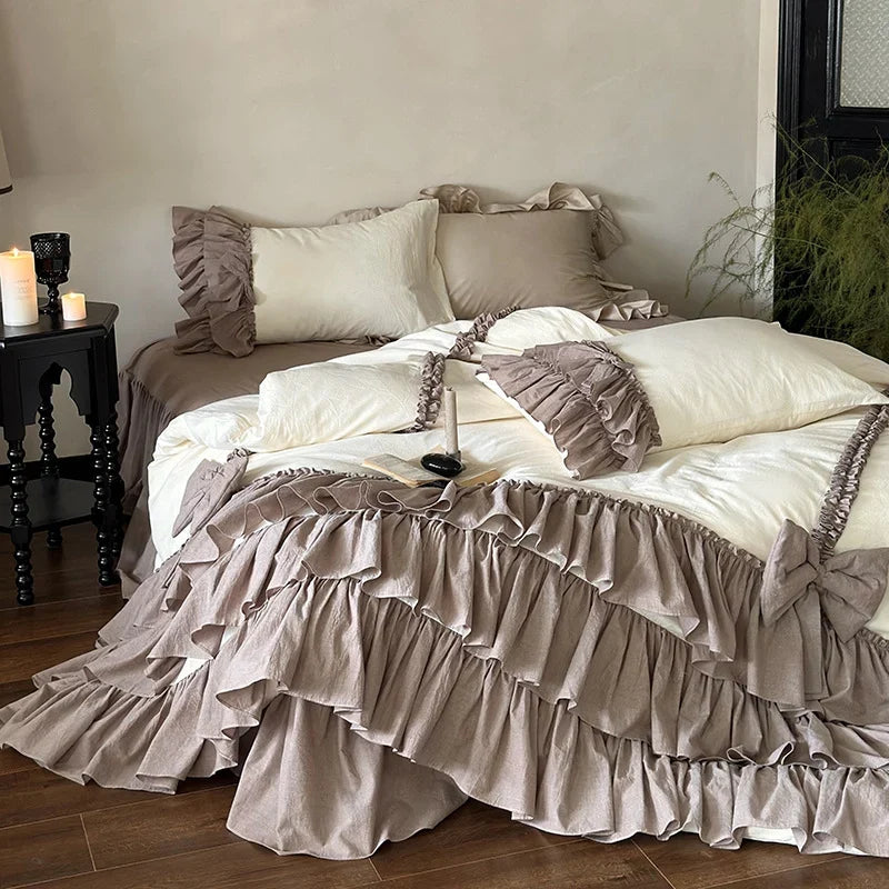 Bedding Set Layered Ruffle & Linen-Look 4-Piece With Bed Skirt