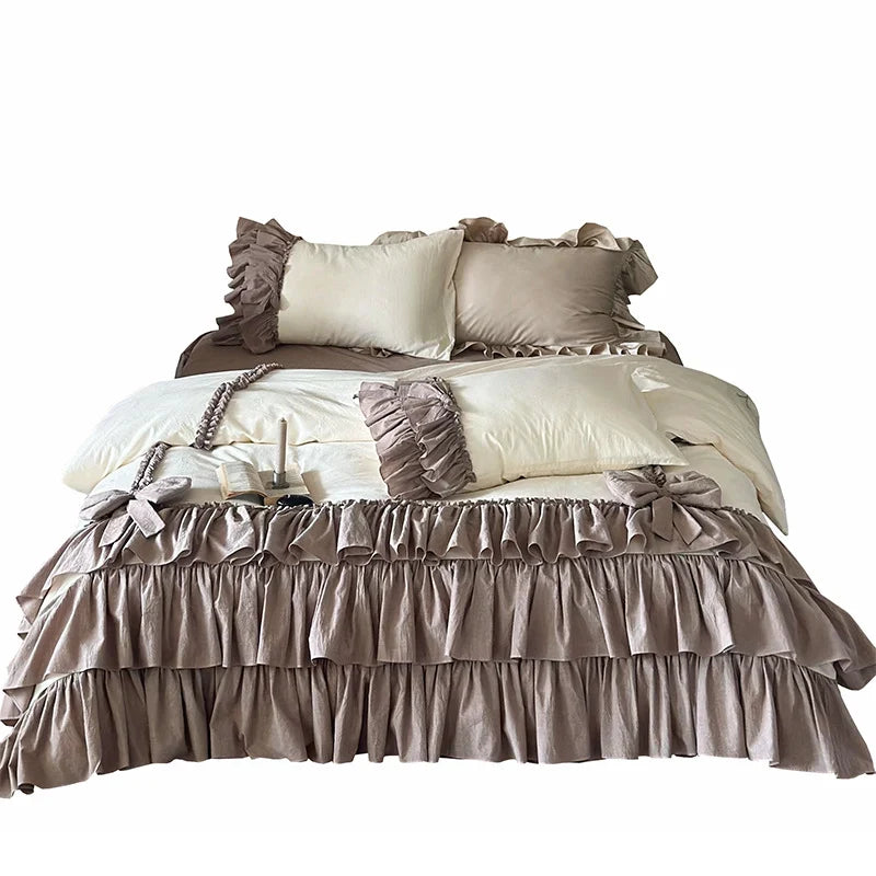 Bedding Set Layered Ruffle & Linen-Look 4-Piece With Bed Skirt